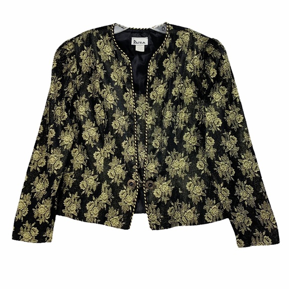 Vintage Black Metallic Gold Floral Evening Jacket Blazer Convertible Top - Picture 16 of 16